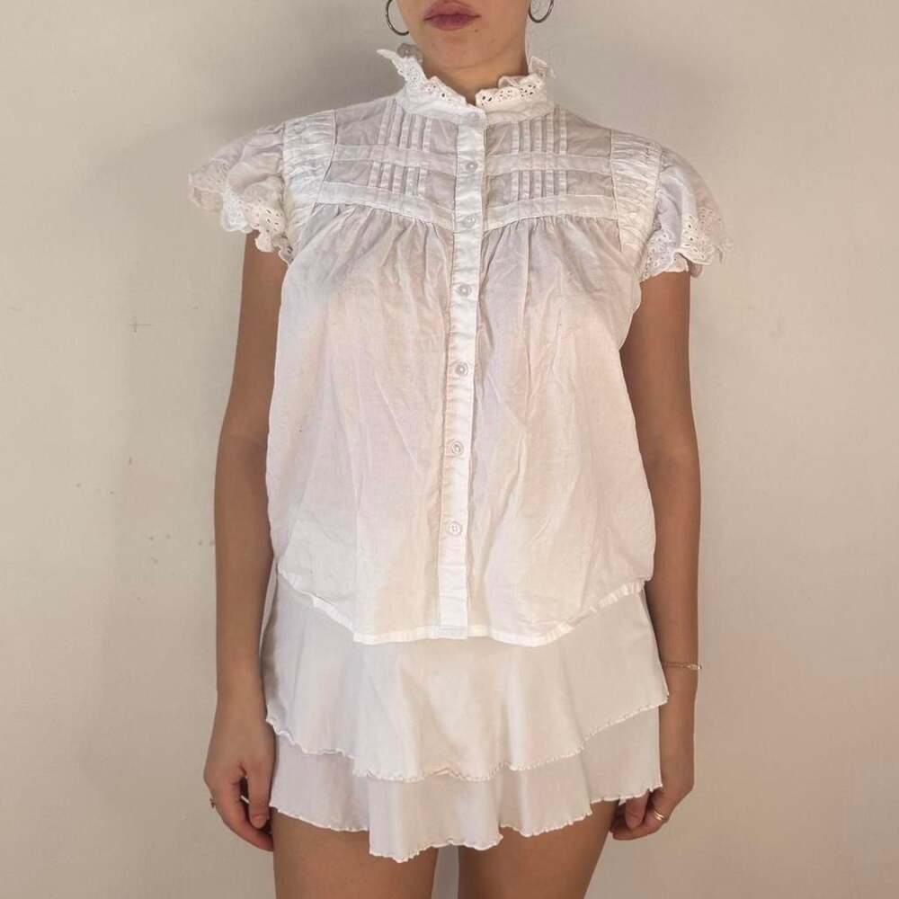 Vintage Solitaire White Eyelet Lace Button Up Blouse Coquette Cottagecore Top